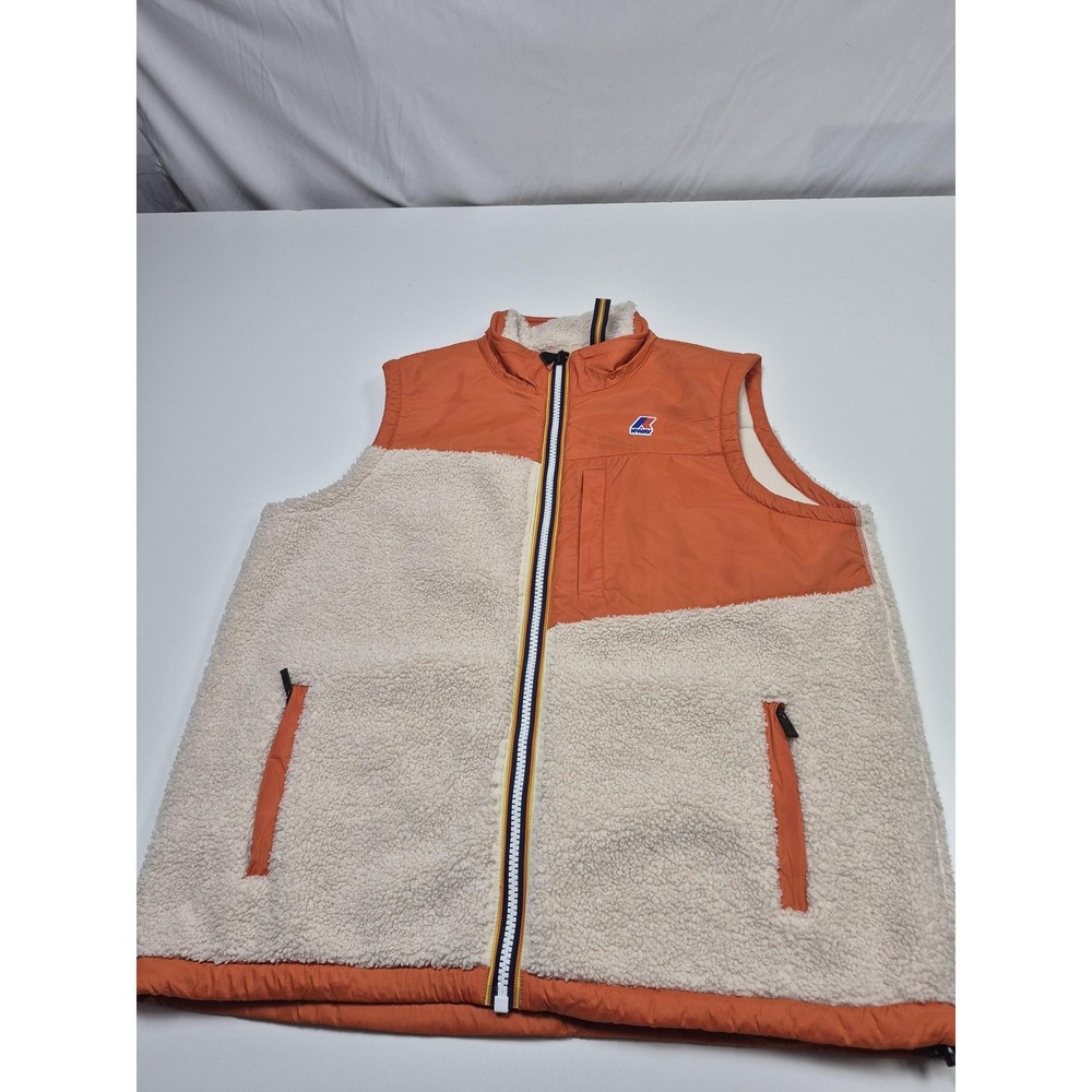 K-Way Vest Mens XL Orange Sherpa Fleece Puffer Full Zip Outdoor Lined Insulated